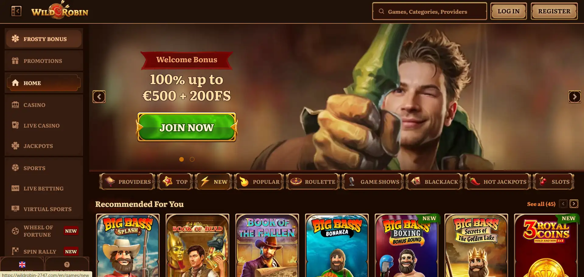 WildRobin Casino menu-sectie  