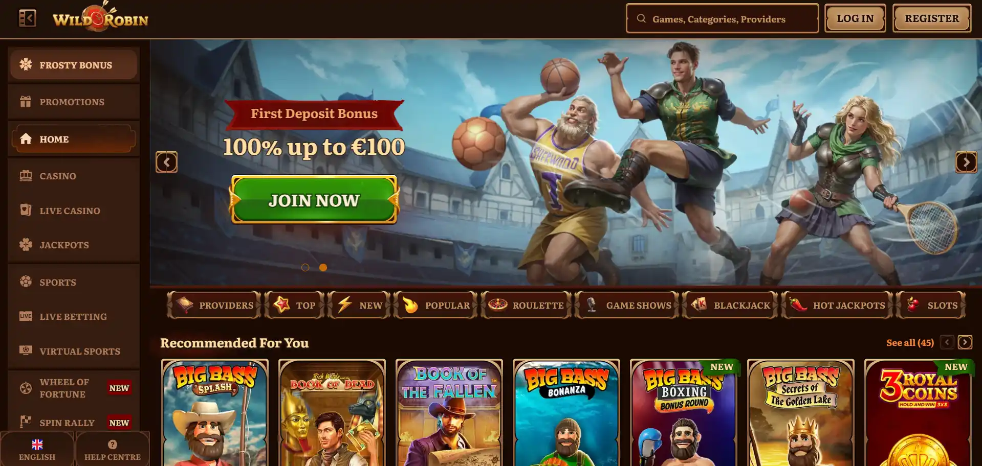 WildRobin Casino menu section 