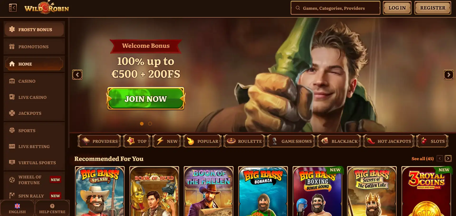 WildRobin Casino menu section 