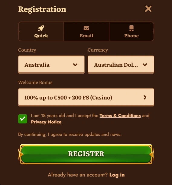 WildRobin Casino registration section 