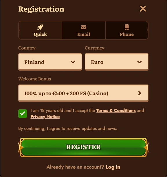 WildRobin-kasino, rekisteröitymisosio