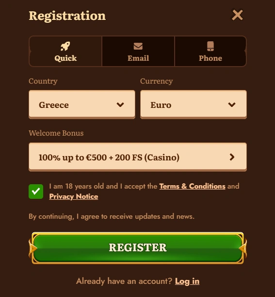 Ενότητα εγγραφής στο WildRobin Casino