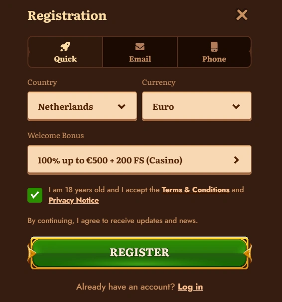 WildRobin Casino registratie sectie  